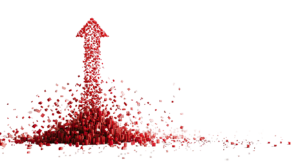 Red upward arrow exploding from a cluster of tiny red particles