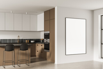Modern kitchen interior with brown and white cabinets and vertical poster mockup on clean wall in stylish home design concept. 3D Rendering