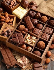 Assorted chocolates and nuts in a wooden box