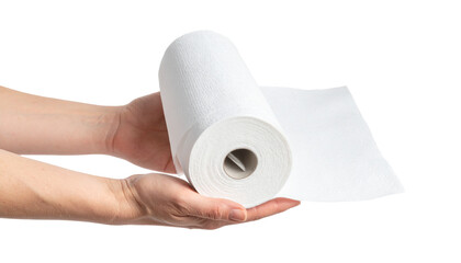 Fototapeta premium Hands holds a roll of paper kitchen towels. Isolated on transparent. Disposable absorbent paper towels for kitchen use, wiping surfaces