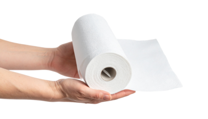 Hands holds a roll of paper kitchen towels. Isolated on transparent. Disposable absorbent paper towels for kitchen use, wiping surfaces