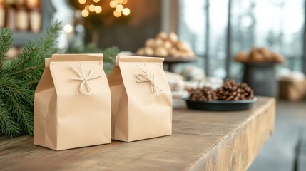 Festive holiday scene with gift bags on rustic wooden table and warm christmas decor