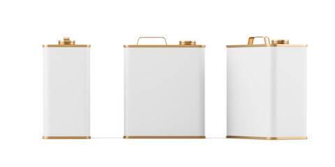 Set of blank metallic rectangular cans with gold lids and handles for branding mockup on white background. Packaging concept design template. 3D Rendering