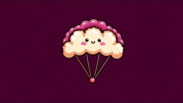 Cute cloud-shaped object with a parachute, light beige color with pink details, on a dark purple background