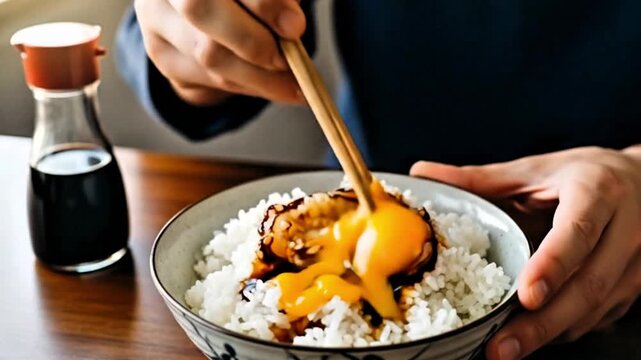 Video, close-up, user's hand eating Tamago Kake Gohan (TKG) (卵かけご飯), a Japanese food
