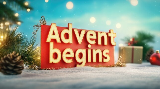 Festive advent begins sign with holiday decorations and snowy background