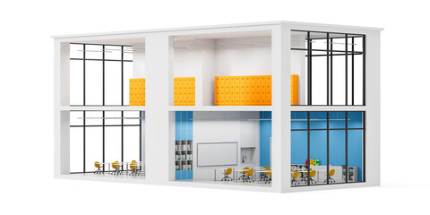 Modern educational facility interior concept with colorful classroom design and bright yellow lockers, shown in sectional architectural cutaway. 3D Rendering