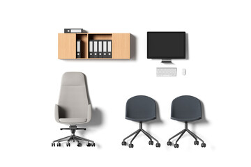 Office furniture and workplace setup with chairs, computer, shelf and binders shown from top view in a modern creative workspace concept design. 3D Rendering