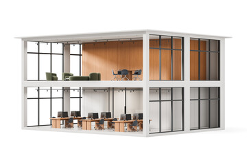Modern office building cross-section with stylish coworking spaces, lounge area, and meeting room in minimalist architectural concept design. 3D Rendering