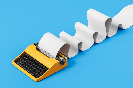 Retro yellow typewriter with flowing curled paper strip on blue background symbolizing creative writing and design concept in minimal style. 3D Rendering