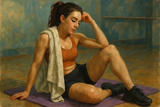 Young woman in athletic wear resting on a yoga mat after a strenuous workout session