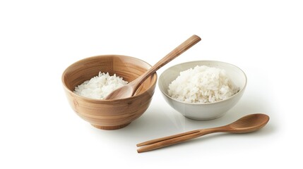 Rice, Wooden Spoon, and Bowl – a warm and rustic composition. The natural textures and earthy tones create a cozy, homey kitchen atmosphere.