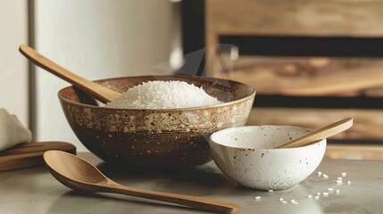 Rice, Wooden Spoon, and Bowl – a warm and rustic composition. The natural textures and earthy tones create a cozy, homey kitchen atmosphere.