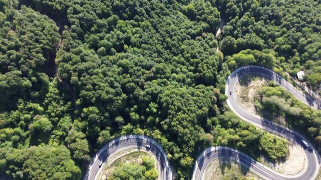 Aerial view of winding asphalt mountain road among green trees in summer. (Domani&ccedil;,İneg&ouml;l dağ yolu)	
