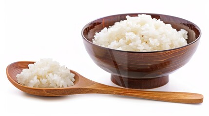 Rice, Wooden Spoon, and Bowl – a warm and rustic composition. The natural textures and earthy tones create a cozy, homey kitchen atmosphere.
