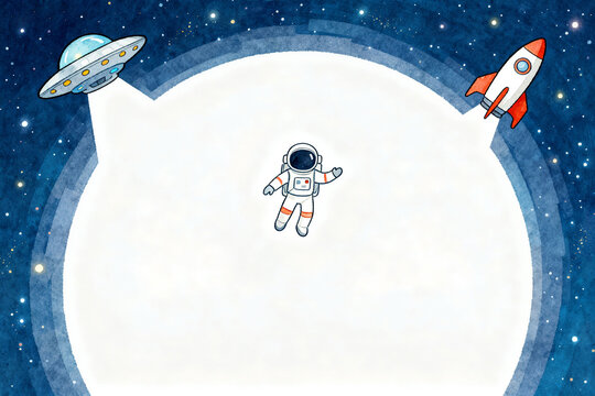 Astronaut floating in space with a rocket and UFO in the background