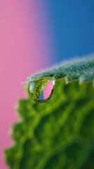 A vibrant water droplet hangs delicately from a textured green leaf against a gradient of pink and blue.