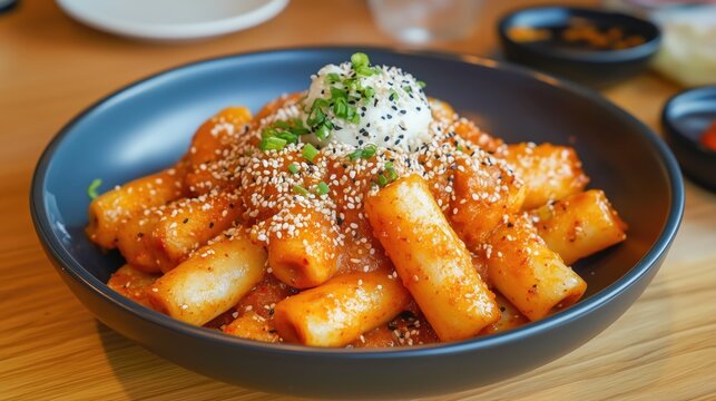 Spicy korean tteokbokki with cheese and sesame seeds in black bowl