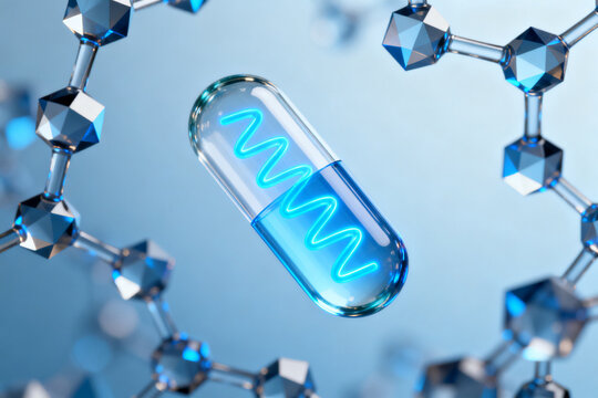 Blue capsule with wavy pattern surrounded by molecular structure