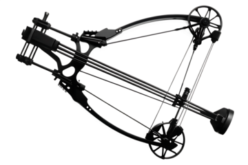 A black silhouette of a compound bow with a mounted quiver, drawn on a white background, ,PNG. AI Generated.