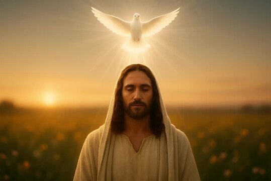 Heavenly Dove Over Jesus&rsquo; Head with Divine Light: Symbol of the Son of God