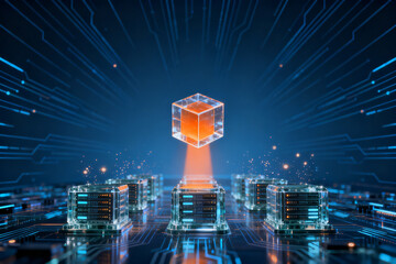 Digital cube floating above server racks in a futuristic tech environment with glowing circuits and data streams