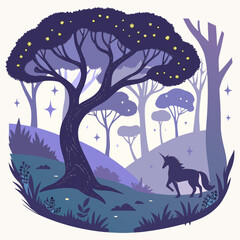 Enchanted forest scene with a silhouette unicorn under a starry tree © mdshahariar