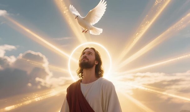 Heavenly Dove Over Jesus&rsquo; Head with Divine Light: Symbol of the Son of God