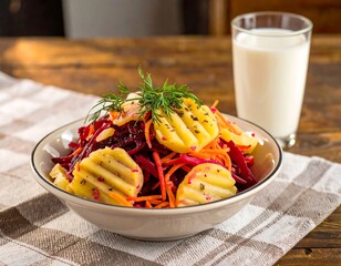 Colorful salad bowl with milk