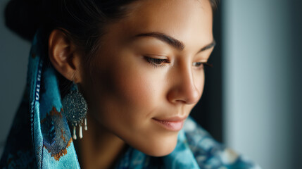 Fototapeta premium Woman with clothing under gentle lighting, showcasing tradition, woman soft smile, jewelry detail close-up, serene cultural scene, calm native lighting, with copy space