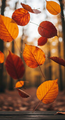 Falling autumn leaves, orange and red, against blurred forest background, showcasing seasonal change and tranquility, ideal for fall themes