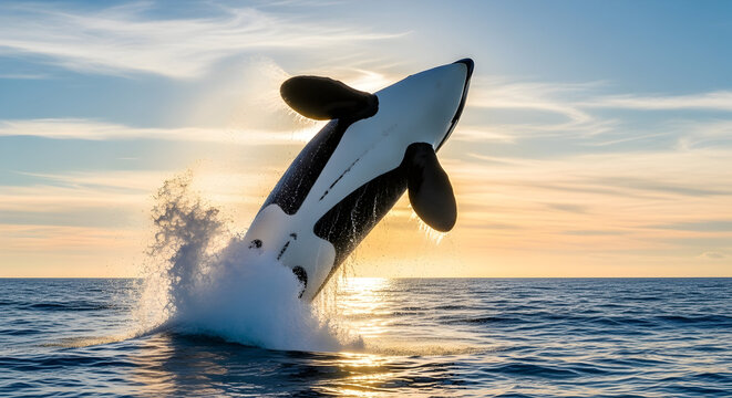 Orca whale breaching the ocean's surface at sunset, capturing a powerful moment of marine wildlife.