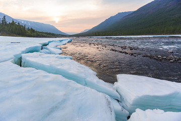Banks of the river Hoisey. Polar day on Putorana Plateau, Taimyr, Russia