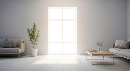 Minimalist modern living room with natural light streaming through large windows, creating a cozy and elegant ambiance.