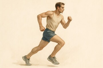 Naklejka premium Athletic man in mid stride running with determined expression against a light neutral background