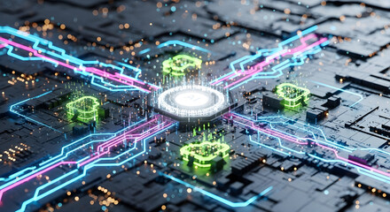 Futuristic digital circuit board with a central glowing processor connecting to distributed cloud computing nodes via illuminated data streams.
