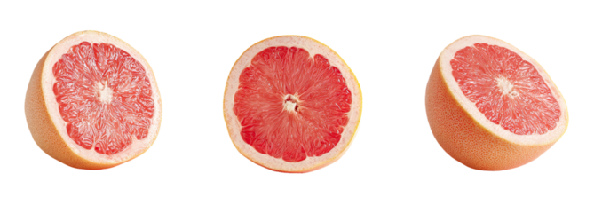 Three slices of a vibrant pink grapefruit