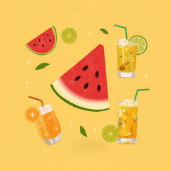 Watermelon Slices and Citrus Drinks Illustration