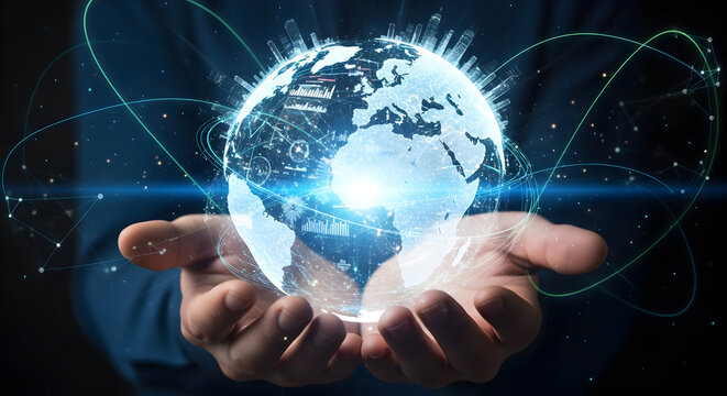3D globe with digital data connections, representing the interconnected world of technology and global networks.