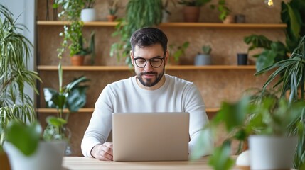Young caucasian male working on laptop in modern home office with indoor plants