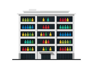Colorful people in a multistory building