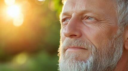 Contemplative elderly caucasian male in sunlit outdoor setting