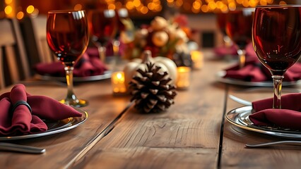A rustic wooden table setting with burgundy napkins and a pinecone centerpiece, glowing warmly.