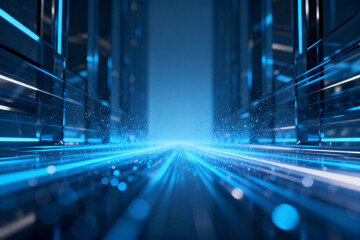Futuristic data center corridor with glowing blue lights and server racks extending into the distance