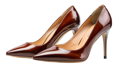 Pair of shiny brown high heel shoes isolated on transparent background