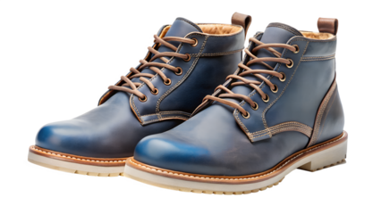 Pair of blue leather boots with laces, isolated on transparent background