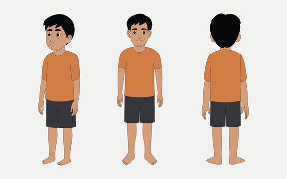 Cartoon Boy Character Design Turnaround – Front, Side, and Back View Vector Illustration