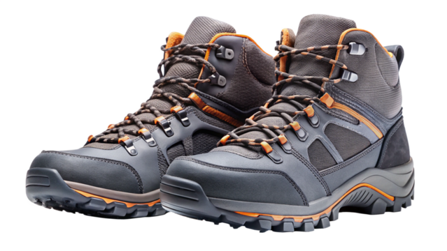 Pair of brown and orange hiking boots isolated on transparent background