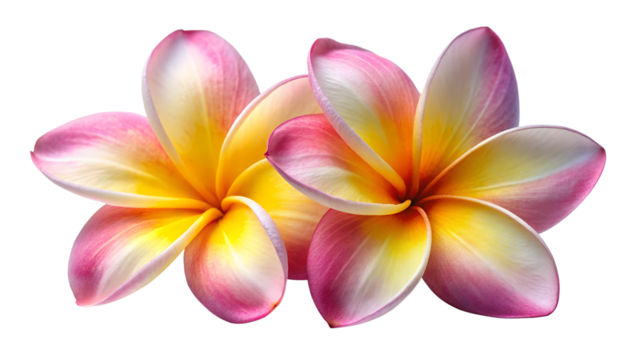 Two pink and yellow plumeria flowers isolated on transparent background