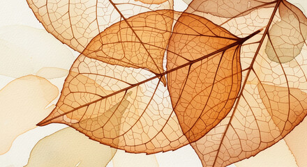Close-up of translucent brown leaves, showcasing intricate vein patterns against a beige background, representing autumnal beauty and natural fragility, ideal for design projects
